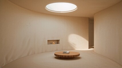 Serene minimalist interior with natural light and earthy tones