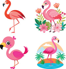 Obraz premium A pink flamingo wades in a shallow pool of tropical fruits. Lush green palm trees line the background behind the flamingo and fruit. The flamingo is a type of greater flamingo. 