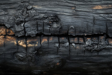 Textured close up of a burnt wood log surface reveals deep black charring and intricate cracks, showcasing its natural form after fire damage.