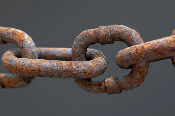 Fototapeta premium Heavy rust covers the strong metal links of an old chain, creating a detailed and weathered texture against a simple dark backdrop.