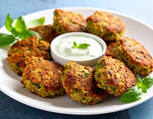 Generous serving of savory plant based fritters and a creamy dipping sauce rests on a round white plate ready for a meal.
