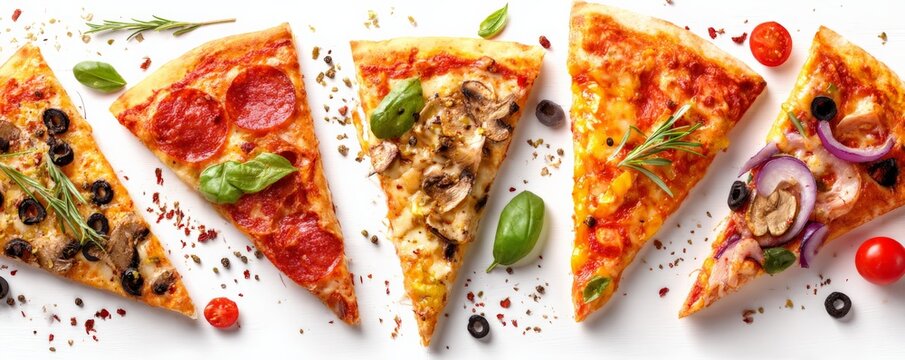 Different slices of pizza, each with various toppings, are arranged on a light surface sprinkled with herbs and spices.