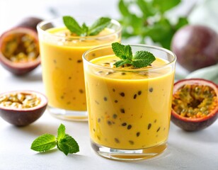 Two refreshing yellow passion fruit smoothies are sitting in clear glasses with mint garnishes and fresh whole fruits on a bright surface.