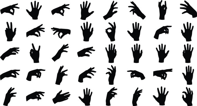 hand silhouette illustration, various hand gestures, perfect hand vector for sign language, communication visuals. 