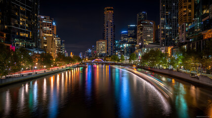 Obraz premium Dynamic Lights in the Urban Jungle: A Vivid Night-time Cityscape