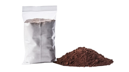 Bag of soil with loose dirt in a pile, ready for planting or gardening projects isolated on transparent background