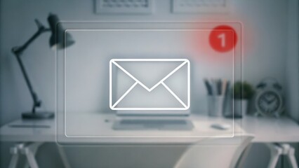 Email notification icon overlay on a modern, minimalistic office desk setup with stationery and a lamp.