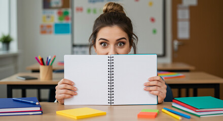 Student Peeking Over Notebook in Classroom 