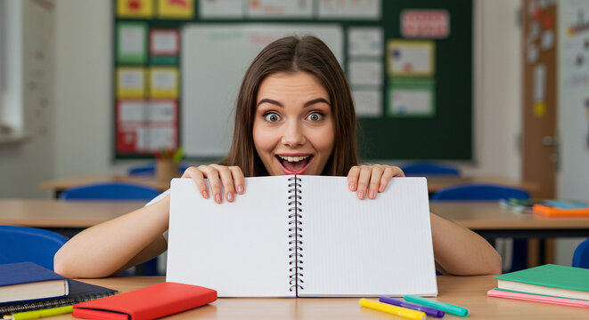 Woman Peeking Over Notebook in Classroom 