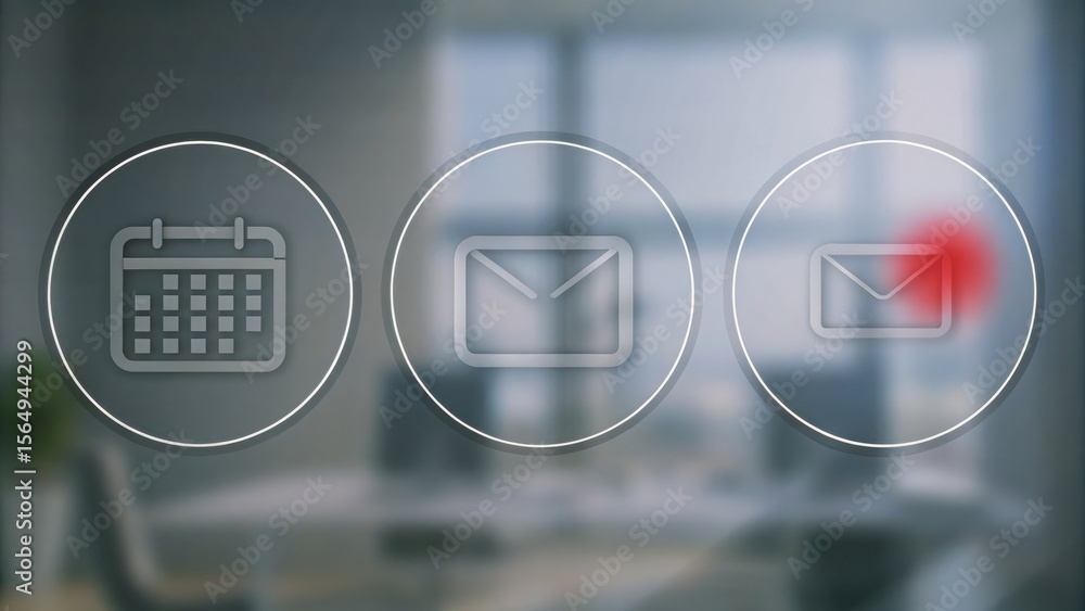 Poster digital icons for calendar, email, and notifications with a blurred office background and a red aler