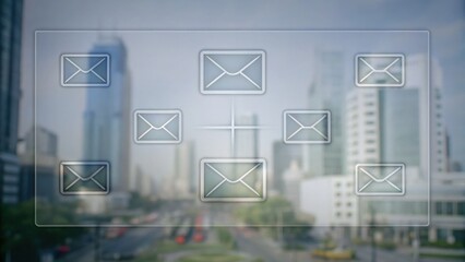 Digital envelopes connected in a network overlay a modern cityscape, symbolizing email communication in an urban environment.