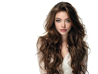 Fototapeta premium Stunning portrait of a woman with long, curly brown hair. Perfect for beauty, fashion, and haircare ads.