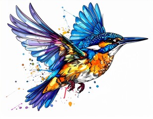 Vibrant Watercolor Kingfisher in Flight