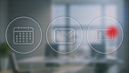 Digital icons for calendar, email, and notifications with a blurred office background and a red alert indicator on the message icon.