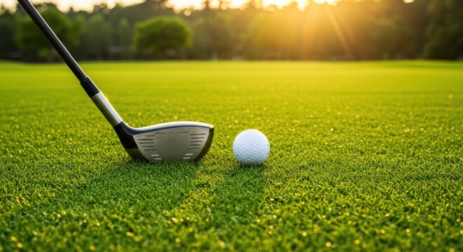 Golfer preparing to swing on a sunny golf course, surrounded by manicured greens and open fairways. Outdoor sports and leisure activity in a scenic setting.