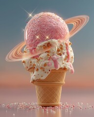 Ice cream cone topped with a vibrant pink scoop resembling a planet, adorned with sprinkles and cosmic elements. Minimal summer refreshment concept.