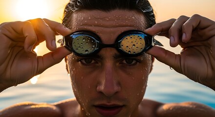 Focused male swimmer adjusting goggles in the ocean at sunset, an ideal mockup for fitness and training visuals
