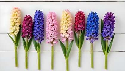 Naklejka premium A beautiful arrangement of colorful hyacinth flowers against a white wooden backdrop.