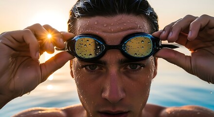 Focused male swimmer adjusting goggles at sunset, an ideal athletic lifestyle advertising mockup.