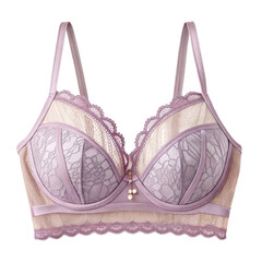 Elegant and luxurious lavender colored lace bra with delicate pearl pendant against a black background studio shot lingerie concept.