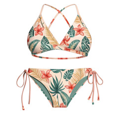 Elegant two piece bikini featuring a vibrant floral design with tropical hibiscus flowers and lush green leaves perfect for summer