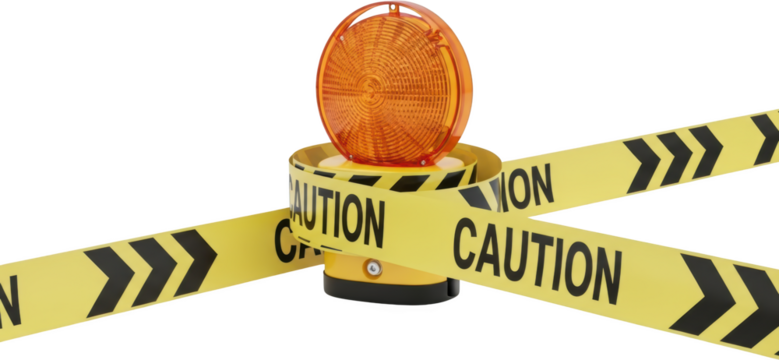Bright Orange Warning Light With Yellow And Black Caution Tape Wrapped Around Its Base Isolated On A Transparent Background