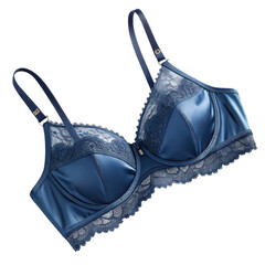 Luxurious blue satin and lace push up bra with delicate details and scalloped trim on a black background showcasing elegance and sophistication.