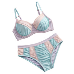 Stylish pastel two-piece swimsuit designed with blue and pink panels against a simple black background for fashion advertising