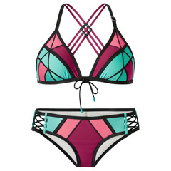 Stylish two piece geometric pattern bikini set featuring colorful design for summer fashion and beachwear apparel