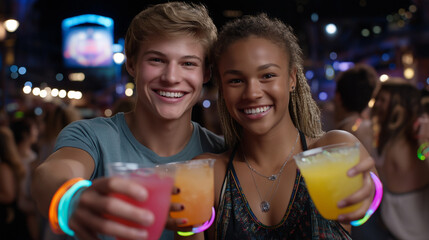 Fototapeta premium Friends enjoying colorful drinks at a party with glowing bracelets