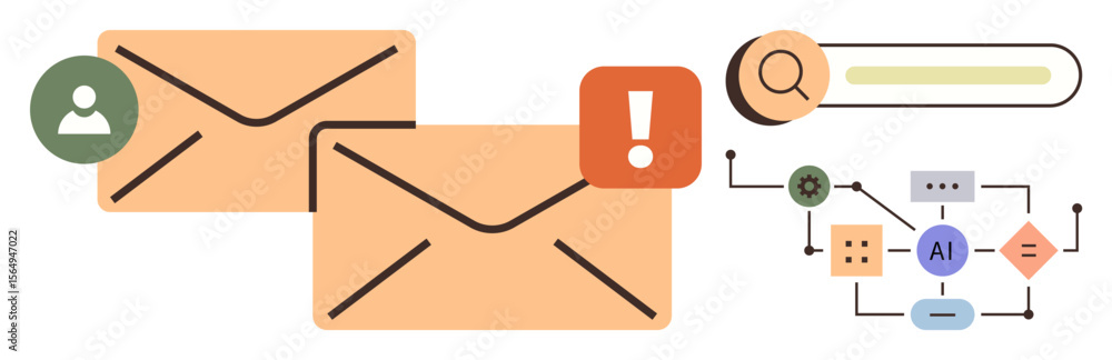 Poster two envelopes with alert icons, search bar, and ai flowchart symbolizing automated email handling. i