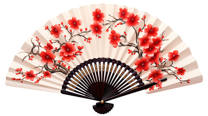 Asian fan with red blossoms artfully decorates, a traditional hand fan for oriental elegance isolated on transparent background