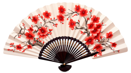 Asian fan with red blossoms artfully decorates, a traditional hand fan for oriental elegance isolated on transparent background