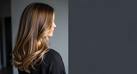 Woman with long blonde wavy hair, side profile