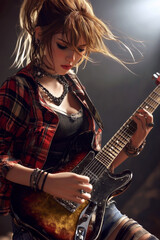 Crazy Punk Girl spielt auf einer E-Gitarre, Generative AI