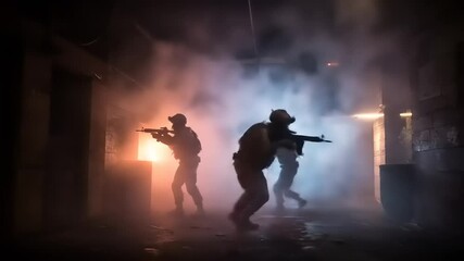 Tactical military operation with soldiers advancing through a smoky corridor during a nighttime exercise - Powered by Adobe