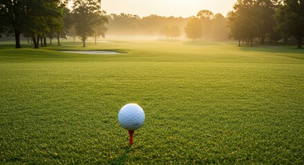 Golfer preparing to swing on a sunny golf course, surrounded by manicured greens and open fairways. Outdoor sports and leisure activity in a scenic setting.