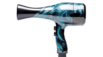 Stylish hair dryer with abstract teal and white marble design isolated on transparent background 