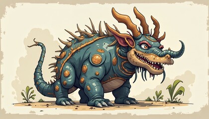 Obraz premium Cartoon dragon with horns and spikes