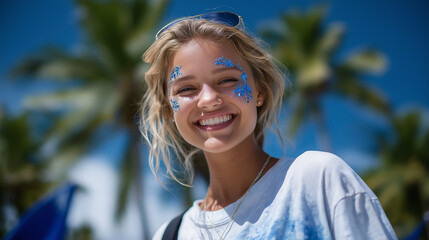 Girl with face paint and glitter by silhouetted palm trees