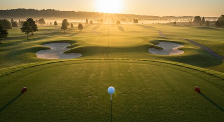 Golfer preparing to swing on a sunny golf course, surrounded by manicured greens and open fairways. Outdoor sports and leisure activity in a scenic setting.
