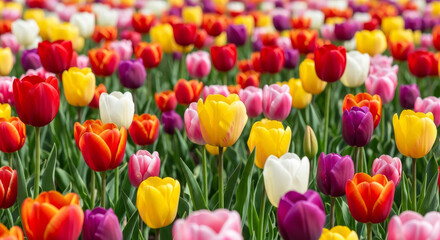 Obraz premium Vibrant field of colorful tulips in full bloom during springtime