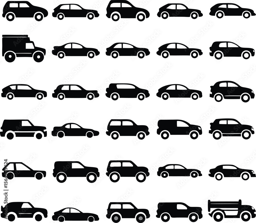 Poster vector art of a large set of various car icons isolated on white background