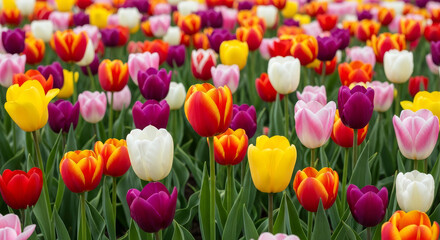 Vibrant field of colorful tulips in full bloom during springtime