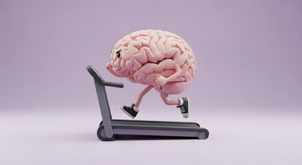 A cartoon brain with legs and shoes runs on a treadmill against a light purple background.