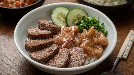 Sliced beef and rice bowl with sushi rolls