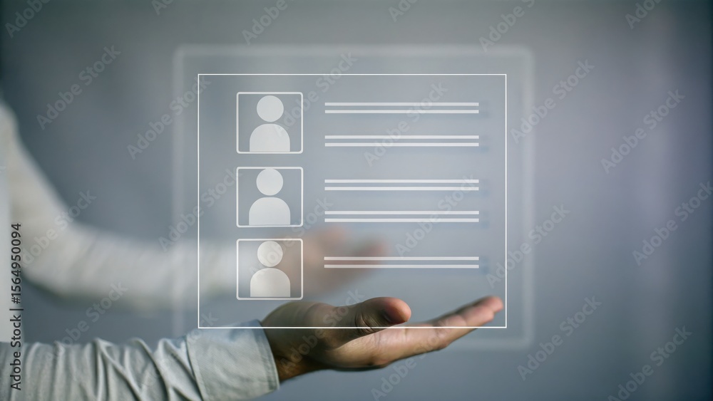 Poster a hand holds a digital interface with user profile icons and lines, symbolizing virtual contacts or 