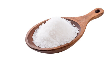 Coarse white sea salt crystals are piled in a rustic wooden spoon isolated on transparent background