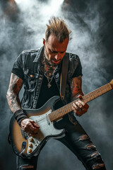 Rockmusiker spielt mit einer E-Gitarre auf einem Rockkonzert, Generative AI
