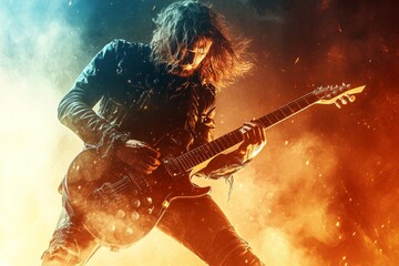 Rockmusiker spielt mit einer E-Gitarre auf einem Rockkonzert, Generative AI
